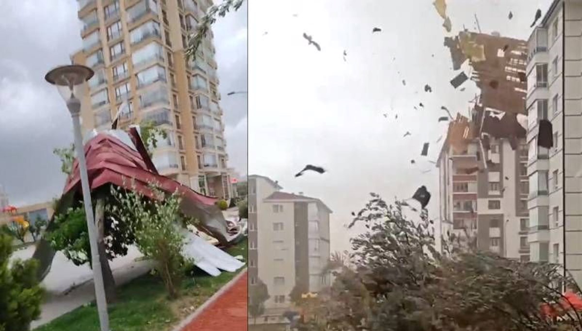 Ankara'da kuvvetli rüzgar ağaçları devirdi, çatıları uçurdu