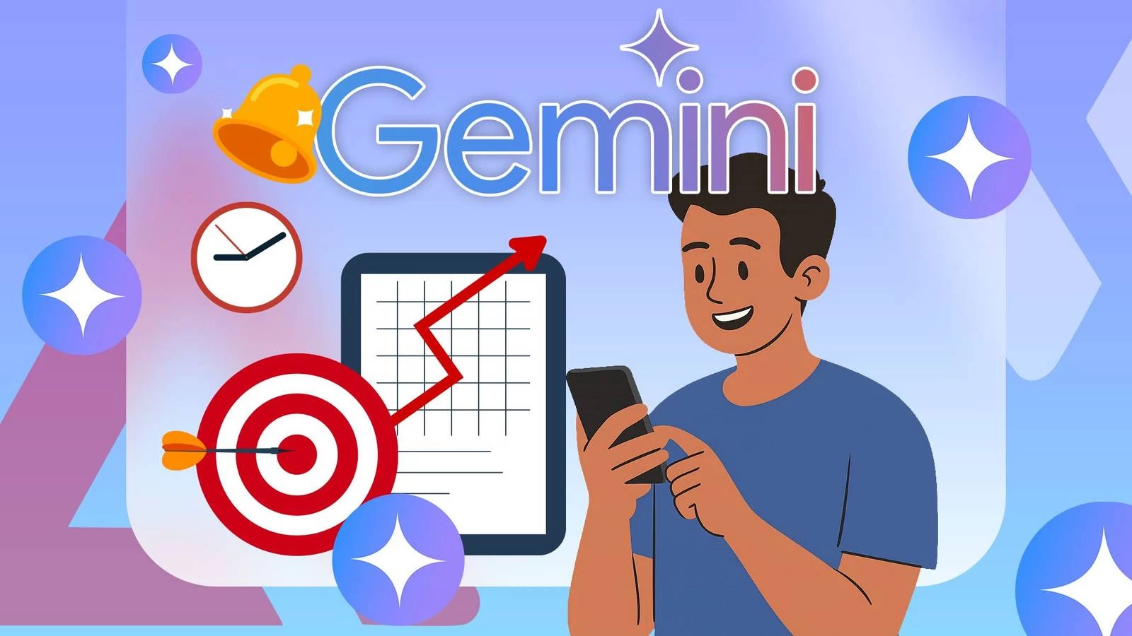 Illustration Of A Smiling Man Holding A Smartphone With The Gemini Logo Above Him Surrounded By Productivity Icons Tekbilgin