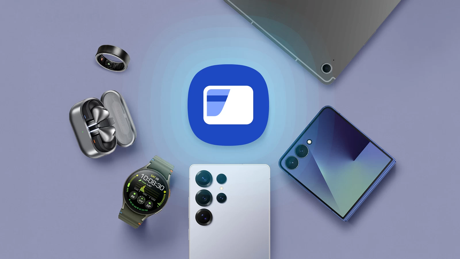 Samsung Wallet Logo Glowing At The Center Surrounded By Galaxy Devices Including A Smartphone Foldable Phone Tablet Smartwatch Earbuds And Smart Ring Tekbilgin